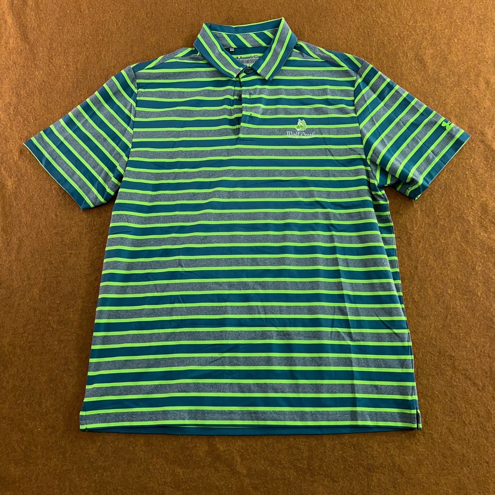 Under Armour Mens Large Teal Green Striped Wolf Creek HeatGear Polo Shirt